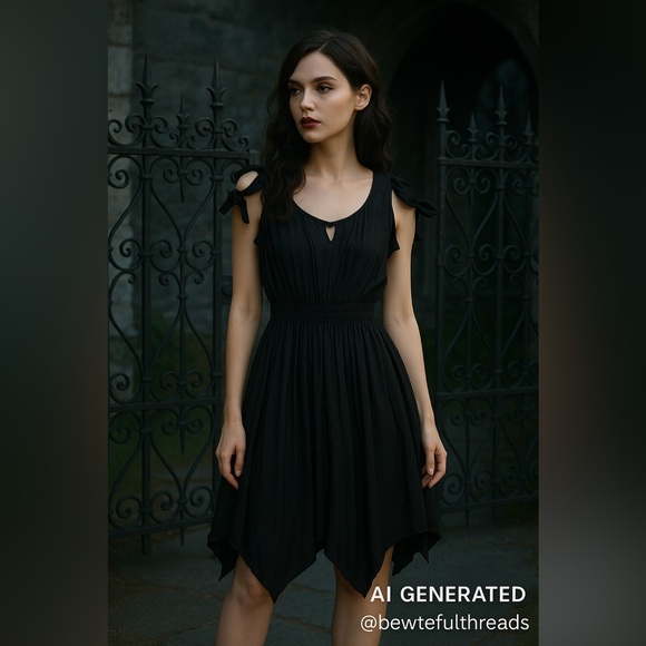 Akela Key Black Ruched Handkerchief Hem Dress w/ Arm Ties Boho Gothic Chic M/L - Picture 1 of 12